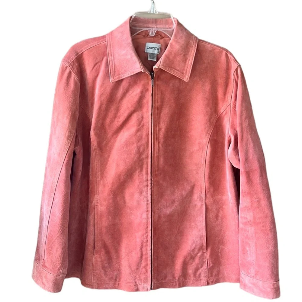 Chico’s Sz L Coral Beautiful Suede 100% Leather Zippered Jacket